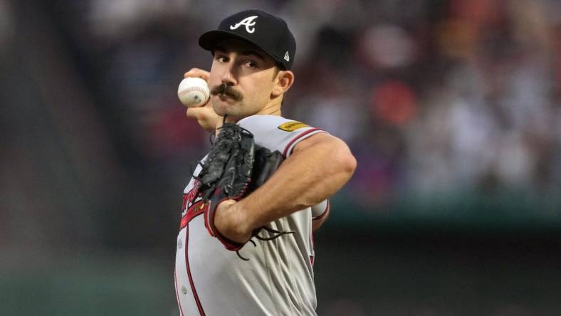 Aug 25, 2023; San Francisco, California, USA; Atlanta Braves starting pitcher Spencer Strider (99) throws a pitch against the San Francisco Giants during the third inning at Oracle Park. Mandatory Credit: Darren Yamashita-USA TODAY Sports