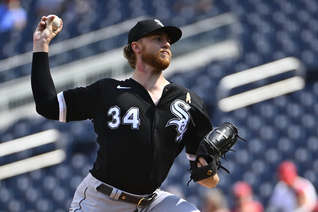 Sep 20, 2023; Washington, District of Columbia, USA; Chicago White Sox starting pitcher Michael Kopech (34) throws to the Washington Nationals during the first inning at Nationals Park. Mandatory Credit: Brad Mills-USA TODAY Sports