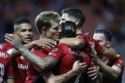 Sep 20, 2023; Sandy, Utah, USA; Real Salt Lake forward Chicho Arango (9) is congratulated after his first half goal against the FC Dallas at America First Field. Mandatory Credit: Jeff Swinger-USA TODAY Sports