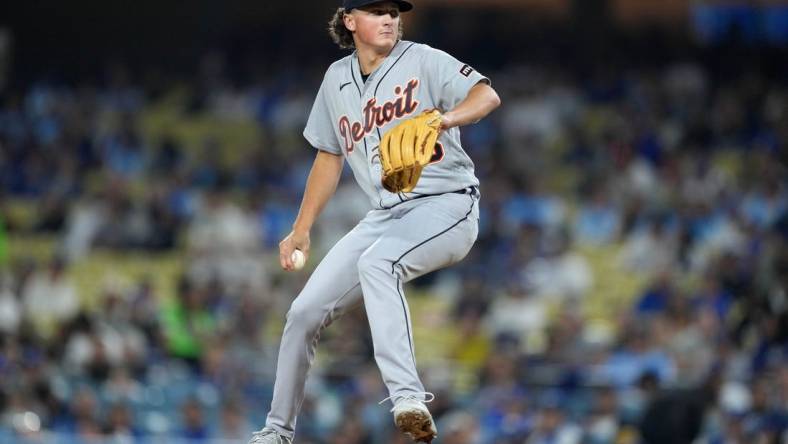 Sep 20, 2023; Los Angeles, California, USA; Detroit Tigers starting pitcher Reese Olson (45) throws in the third inning against the Los Angeles Dodgers at Dodger Stadium. Mandatory Credit: Kirby Lee-USA TODAY Sports