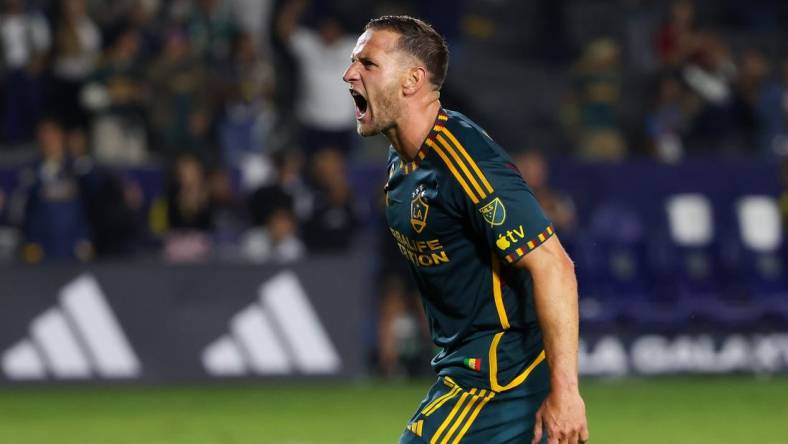 Sep 20, 2023; Carson, California, USA; Los Angeles Galaxy forward Billy Sharp (27) reacts to scoring a goal during the second half against Minnesota United FC at Dignity Health Sports Park. Mandatory Credit: Kiyoshi Mio-USA TODAY Sports