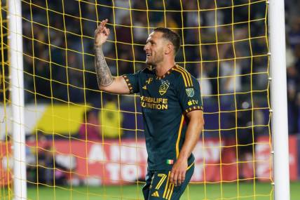 Sep 20, 2023; Carson, California, USA; Los Angeles Galaxy forward Billy Sharp (27) reacts to scoring a goal during the second half against Minnesota United FC at Dignity Health Sports Park. Mandatory Credit: Kiyoshi Mio-USA TODAY Sports