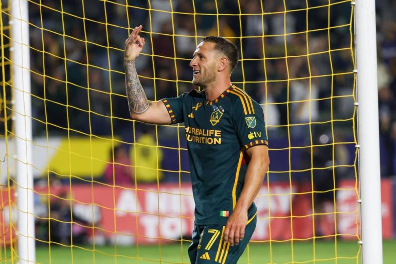 Sep 20, 2023; Carson, California, USA; Los Angeles Galaxy forward Billy Sharp (27) reacts to scoring a goal during the second half against Minnesota United FC at Dignity Health Sports Park. Mandatory Credit: Kiyoshi Mio-USA TODAY Sports