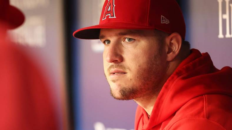 Sep 21, 2023; St. Petersburg, Florida, USA; Los Angeles Angels outfielder Mike Trout (27) looks on against the Tampa Bay Rays during the first inning at Tropicana Field. Mandatory Credit: Kim Klement Neitzel-USA TODAY Sports