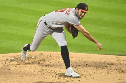 Sep 21, 2023; Cleveland, Ohio, USA; Baltimore Orioles starting pitcher Grayson Rodriguez (30) follows through on a pitch in the second inning against the Cleveland Guardians at Progressive Field. Mandatory Credit: David Richard-USA TODAY Sports