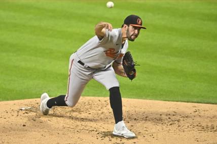 Sep 21, 2023; Cleveland, Ohio, USA; Baltimore Orioles starting pitcher Grayson Rodriguez (30) delivers a pitch in the second inning against the Cleveland Guardians at Progressive Field. Mandatory Credit: David Richard-USA TODAY Sports