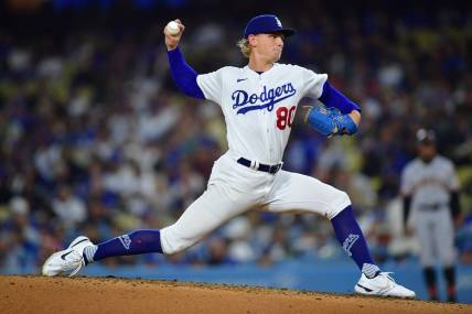 Sep 21, 2023; Los Angeles, California, USA; Los Angeles Dodgers starting pitcher Emmet Sheehan (80) throws against the San Francisco Giants during the fifth inning at Dodger Stadium. Mandatory Credit: Gary A. Vasquez-USA TODAY Sports