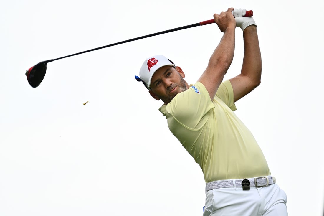 Sep 22, 2023; Sugar Grove, Illinois, USA; Sergio Garcia tees off from the third tee box during the first round of the LIV Golf Chicago golf tournament at Rich Harvest Farms. Mandatory Credit: Jamie Sabau-USA TODAY Sports