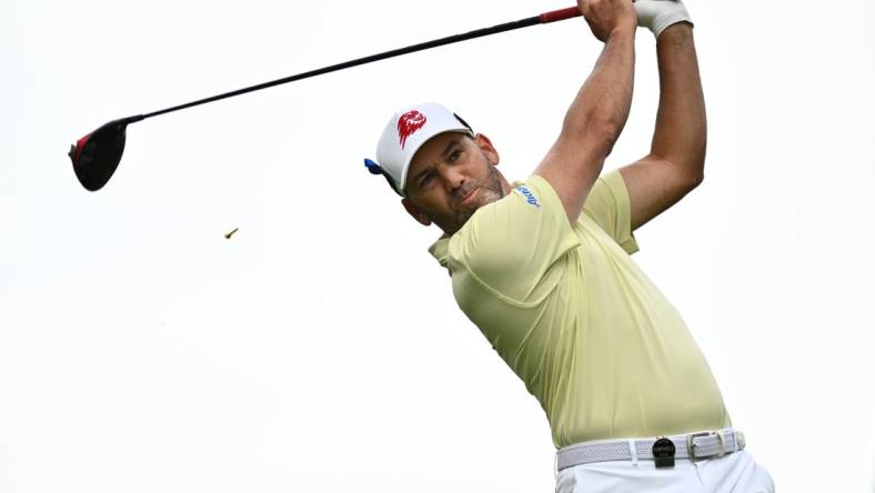 Sep 22, 2023; Sugar Grove, Illinois, USA; Sergio Garcia tees off from the third tee box during the first round of the LIV Golf Chicago golf tournament at Rich Harvest Farms. Mandatory Credit: Jamie Sabau-USA TODAY Sports