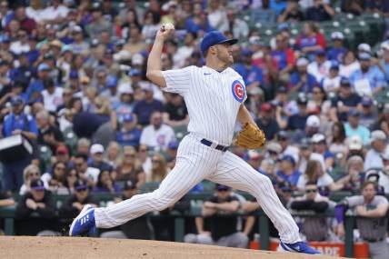 Sep 22, 2023; Chicago, Illinois, USA; Chicago Cubs starting pitcher Jameson Taillon (50) throws the ball against the Colorado Rockies during the first inning at Wrigley Field. Mandatory Credit: David Banks-USA TODAY Sports
