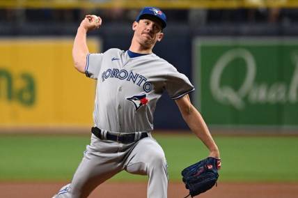 Sep 22, 2023; St. Petersburg, Florida, USA; Toronto Blue Jays pitcher Chris Bassitt (40) throws a pitch in the first inning against the Tampa Bay Rays  at Tropicana Field. Mandatory Credit: Jonathan Dyer-USA TODAY Sports