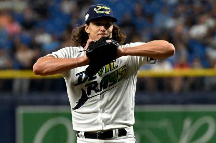 Sep 22, 2023; St. Petersburg, Florida, USA; Tampa Bay Rays pitcher Tyler Glasnow (20) reacts after walking in a run in the sixth inning against the Toronto Blue Jays  at Tropicana Field. Mandatory Credit: Jonathan Dyer-USA TODAY Sports