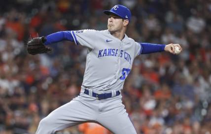 Sep 22, 2023; Houston, Texas, USA; Kansas City Royals starting pitcher Cole Ragans (55) delivers a pitch during the first inning against the Houston Astros at Minute Maid Park. Mandatory Credit: Troy Taormina-USA TODAY Sports