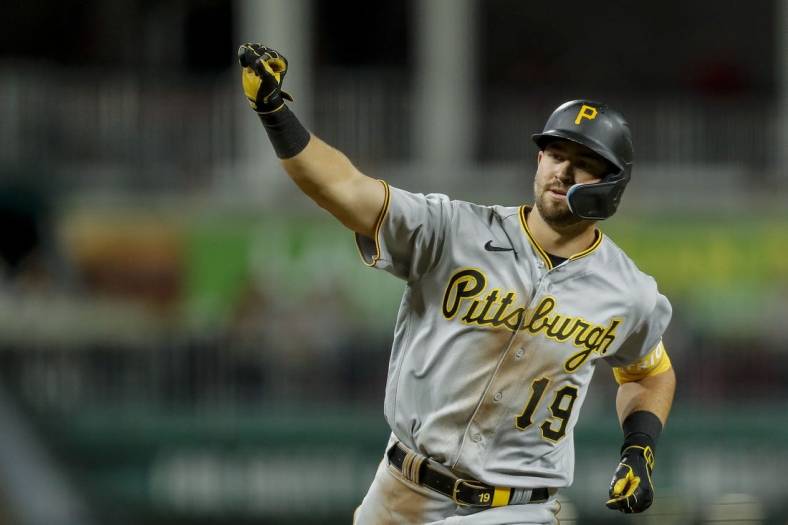 Sep 22, 2023; Cincinnati, Ohio, USA; Pittsburgh Pirates second baseman Jared Triolo (19) reacts after hitting a solo home run in the sixth inning against the Cincinnati Reds at Great American Ball Park. Mandatory Credit: Katie Stratman-USA TODAY Sports