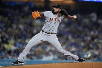 Sep 22, 2023; Los Angeles, California, USA; San Francisco Giants pitcher Sean Manaea (52) throws in the second inning against the Los Angeles Dodgers at Dodger Stadium. Mandatory Credit: Kirby Lee-USA TODAY Sports