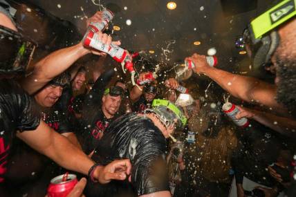 Sep 22, 2023; Minneapolis, Minnesota, USA; Minnesota Twins celebrate after defeating the Los Angeles Angels to clinch American League Central Division title at Target Field. Mandatory Credit: Jordan Johnson-USA TODAY Sports