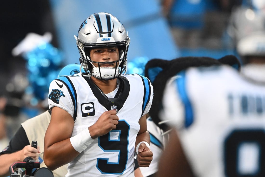 Sep 18, 2023; Charlotte, North Carolina, USA; Carolina Panthers quarterback Bryce Young (9) runs on to the field before the game at Bank of America Stadium. Mandatory Credit: Bob Donnan-USA TODAY Sports