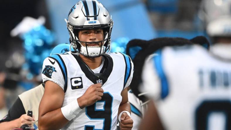 Sep 18, 2023; Charlotte, North Carolina, USA; Carolina Panthers quarterback Bryce Young (9) runs on to the field before the game at Bank of America Stadium. Mandatory Credit: Bob Donnan-USA TODAY Sports