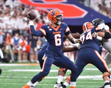 Sep 23, 2023; Syracuse, New York, USA; Syracuse Orange quarterback Garrett Shrader (6) throws a pass in the first quarter against the Army Black Knights at the JMA Wireless Dome. Mandatory Credit: Mark Konezny-USA TODAY Sports