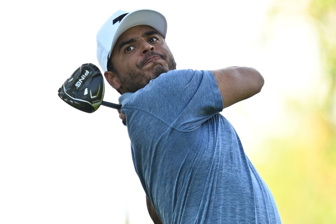 Sep 23, 2023; Sugar Grove, Illinois, USA; Sebastian Munoz tees off from the third tee during the second round of the LIV Golf Chicago golf tournament at Rich Harvest Farms. Mandatory Credit: Jamie Sabau-USA TODAY Sports