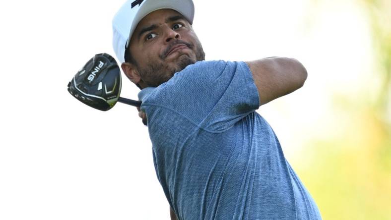 Sep 23, 2023; Sugar Grove, Illinois, USA; Sebastian Munoz tees off from the third tee during the second round of the LIV Golf Chicago golf tournament at Rich Harvest Farms. Mandatory Credit: Jamie Sabau-USA TODAY Sports