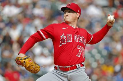 Sep 23, 2023; Minneapolis, Minnesota, USA; Los Angeles Angels starting pitcher Kenny Rosenberg (78) throws against the Minnesota Twins in the second inning at Target Field. Mandatory Credit: Bruce Kluckhohn-USA TODAY Sports