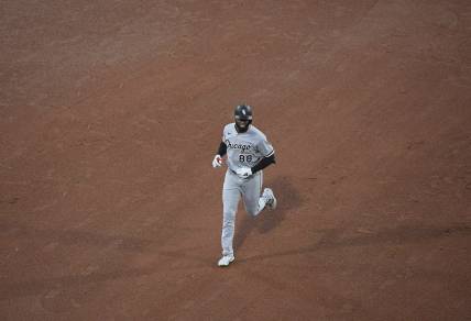 Sep 23, 2023; Boston, Massachusetts, USA; Chicago White Sox center fielder Luis Robert Jr. (88) rounds the bases after hitting a home run during the ninth inning against the Boston Red Sox at Fenway Park. Mandatory Credit: Bob DeChiara-USA TODAY Sports
