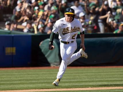 Sep 23, 2023; Oakland, California, USA; Oakland Athletics shortstop Nick Allen (2) scores on a double by Ryan Node against the Detroit Tigers during the eighth inning at Oakland-Alameda County Coliseum. Mandatory Credit: D. Ross Cameron-USA TODAY Sports