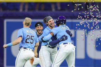 Sep 23, 2023; St. Petersburg, Florida, USA;  Tampa Bay Rays right fielder Josh Lowe (15) celebrates after hitting a walk off single against the Toronto Blue Jays in the ninth inning at Tropicana Field. Mandatory Credit: Nathan Ray Seebeck-USA TODAY Sports