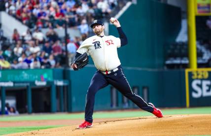 Sep 23, 2023; Arlington, Texas, USA;  Texas Rangers starting pitcher Jordan Montgomery (52) throws during the first inning against the Seattle Mariners at Globe Life Field. Mandatory Credit: Kevin Jairaj-USA TODAY Sports