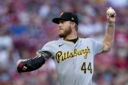 Sep 23, 2023; Cincinnati, Ohio, USA; Pittsburgh Pirates starting pitcher Bailey Falter (44) pitches in the first inning against the Cincinnati Reds at Great American Ball Park. Mandatory Credit: The Cincinnati Enquirer-USA TODAY Sports