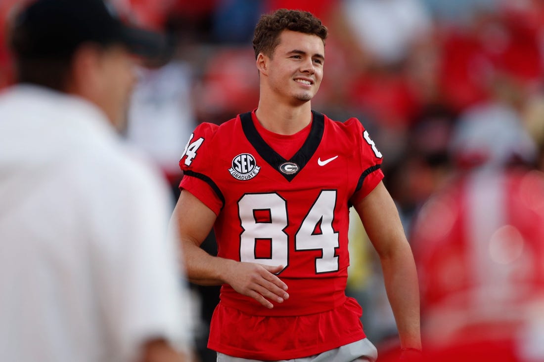 Georgia wide receiver Ladd McConkey (84) looks on during warm ups before the start of the Bulldogs' game against UAB in Athens, Ga., on Saturday, Sept. 23, 2023.