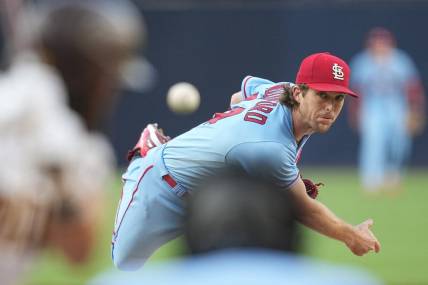 Sep 23, 2023; San Diego, California, USA; St. Louis Cardinals starting pitcher Jake Woodford (44) throws a pitch against the San Diego Padres during the first inning at Petco Park. Mandatory Credit: Ray Acevedo-USA TODAY Sports