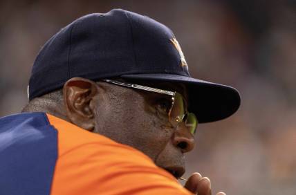 Sep 23, 2023; Houston, Texas, USA; Houston Astros manager Dusty Baker Jr. (12) watches the Astros batt against the Kansas City Royals in the ninth inning at Minute Maid Park. Mandatory Credit: Thomas Shea-USA TODAY Sports