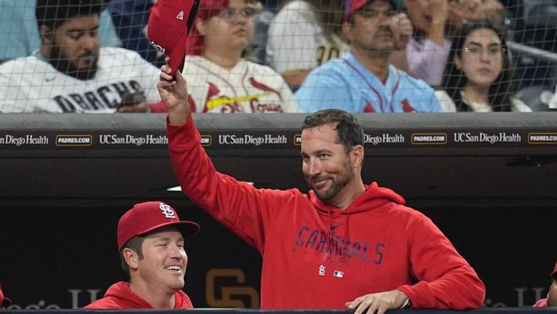 Sep 23, 2023; San Diego, California, USA; St. Louis Cardinals pitcher Adam Wainwright (50) waves to the crowd after being recognized for his upcoming retirement during the fourth inning against the San Diego Padres at Petco Park. Mandatory Credit: Ray Acevedo-USA TODAY Sports