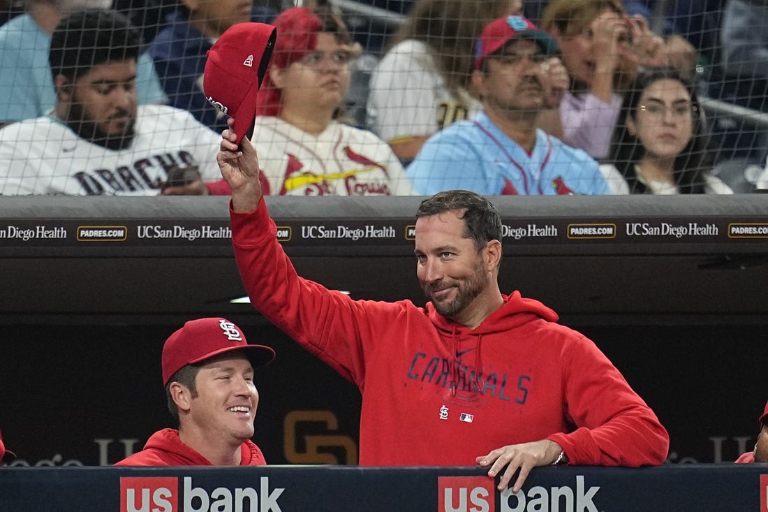 Sep 23, 2023; San Diego, California, USA; St. Louis Cardinals pitcher Adam Wainwright (50) waves to the crowd after being recognized for his upcoming retirement during the fourth inning against the San Diego Padres at Petco Park. Mandatory Credit: Ray Acevedo-USA TODAY Sports