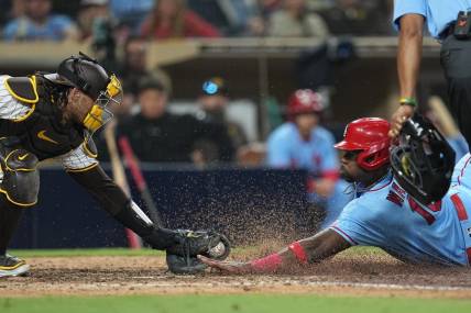 Sep 23, 2023; San Diego, California, USA; St. Louis Cardinals right fielder Jordan Walker (18) scores on a sacrifice fly by catcher Andrew Knizner (not pictured) against the San Diego Padres during the eleventh inning at Petco Park. Mandatory Credit: Ray Acevedo-USA TODAY Sports