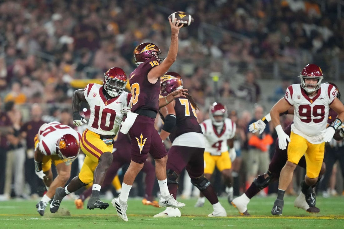 Sep 23, 2023; Tempe, Arizona, USA; Arizona State Sun Devils quarterback Drew Pyne (10) throws against the USC Trojans during the second half at Mountain America Stadium, Home of the ASU Sun Devils. Mandatory Credit: Joe Camporeale-USA TODAY Sports