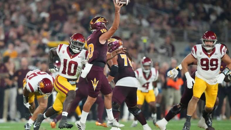 Sep 23, 2023; Tempe, Arizona, USA; Arizona State Sun Devils quarterback Drew Pyne (10) throws against the USC Trojans during the second half at Mountain America Stadium, Home of the ASU Sun Devils. Mandatory Credit: Joe Camporeale-USA TODAY Sports