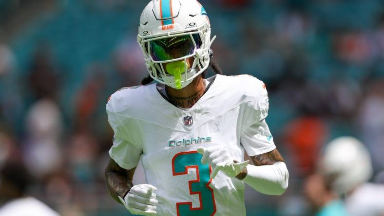 Sep 24, 2023; Miami Gardens, Florida, USA;  Miami Dolphins wide receiver Robbie Chosen (3) warms up before a game against the Denver Broncos at Hard Rock Stadium. Mandatory Credit: Nathan Ray Seebeck-USA TODAY Sports