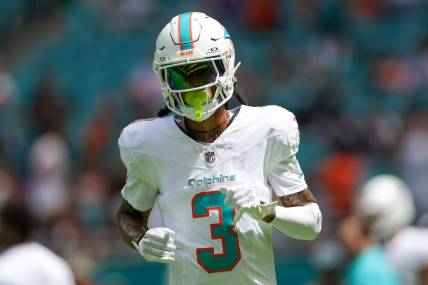 Sep 24, 2023; Miami Gardens, Florida, USA;  Miami Dolphins wide receiver Robbie Chosen (3) warms up before a game against the Denver Broncos at Hard Rock Stadium. Mandatory Credit: Nathan Ray Seebeck-USA TODAY Sports