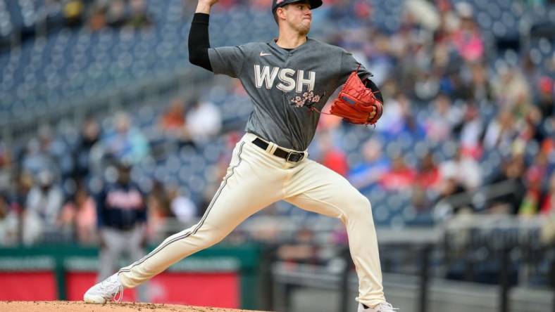 Sep 24, 2023; Washington, District of Columbia, USA; Washington Nationals starting pitcher Jackson Rutledge (79) throws a pitch during the second inning against the Atlanta Braves at Nationals Park. Mandatory Credit: Reggie Hildred-USA TODAY Sports