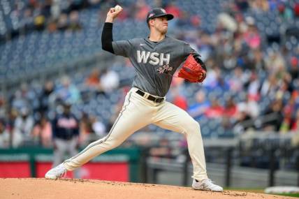 Sep 24, 2023; Washington, District of Columbia, USA; Washington Nationals starting pitcher Jackson Rutledge (79) throws a pitch during the second inning against the Atlanta Braves at Nationals Park. Mandatory Credit: Reggie Hildred-USA TODAY Sports