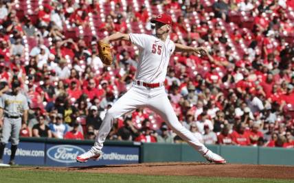 Sep 24, 2023; Cincinnati, Ohio, USA; Cincinnati Reds starting pitcher Brandon Williamson (55) throws against the Pittsburgh Pirates during the first inning at Great American Ball Park. Mandatory Credit: David Kohl-USA TODAY Sports