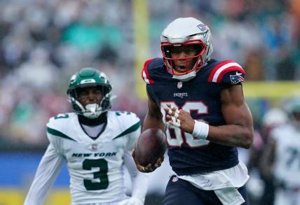 New England Patriots tight end Pharaoh Brown on his way to a touchdown against the New York Jets in the first half of a regular season game at MetLife Stadium on Sunday, Sept. 24, 2023, in East Rutherford.