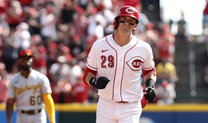 Sep 24, 2023; Cincinnati, Ohio, USA; Cincinnati Reds center fielder TJ Friedl (29) runs the bases after hitting a two-run home run against the Pittsburgh Pirates during the sixth inning at Great American Ball Park. Mandatory Credit: David Kohl-USA TODAY Sports
