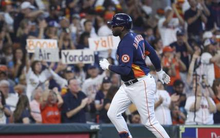 Sep 24, 2023; Houston, Texas, USA; Houston Astros left fielder Yordan Alvarez (44) rounds the bases after hitting a home run during the fifth inning against the Kansas City Royals at Minute Maid Park. Mandatory Credit: Troy Taormina-USA TODAY Sports