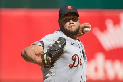 Sep 24, 2023; Oakland, California, USA; Detroit Tigers starting pitcher Eduardo Rodriguez (57) throws a pitch against the Oakland Athletics during the first inning at Oakland-Alameda County Coliseum. Mandatory Credit: Robert Edwards-USA TODAY Sports