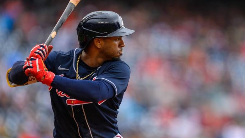 Sep 24, 2023; Washington, District of Columbia, USA; Atlanta Braves second baseman Ozzie Albies (1) at bat during the fifth inning against the Washington Nationals at Nationals Park. Mandatory Credit: Reggie Hildred-USA TODAY Sports