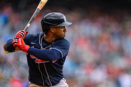 Sep 24, 2023; Washington, District of Columbia, USA; Atlanta Braves second baseman Ozzie Albies (1) at bat during the fifth inning against the Washington Nationals at Nationals Park. Mandatory Credit: Reggie Hildred-USA TODAY Sports